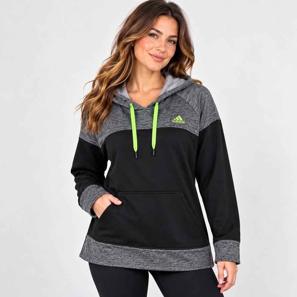 Adidas Womens Hoodie Sweatshirt Fleece Lined Pullover Sporty Black Green Large
